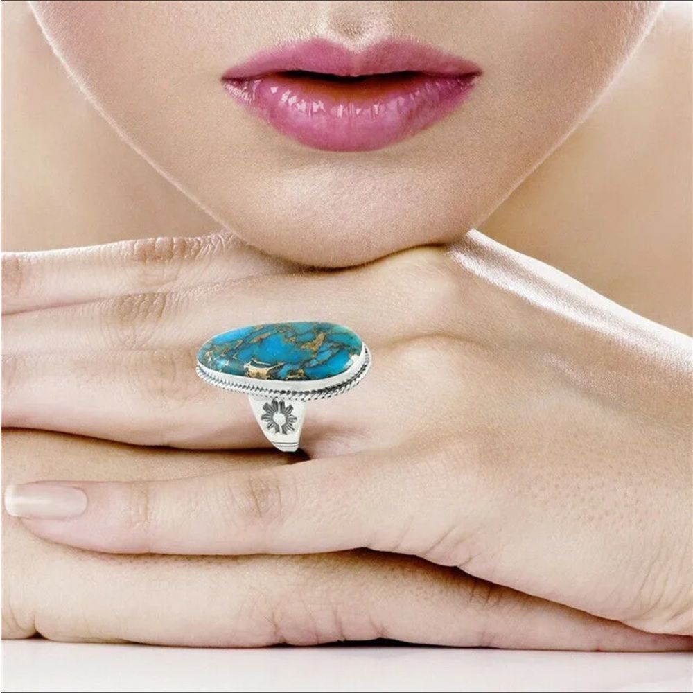 🌞925 Sterling Tibetan Silver Marquis cut Created Turquoise Cabochon Stone Ring - Picture 13 of 16